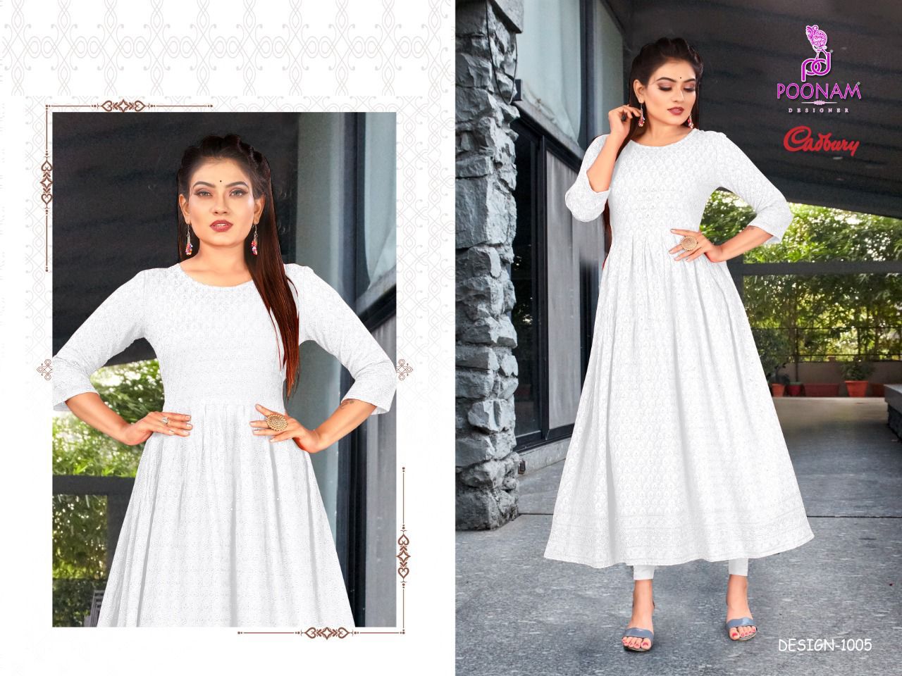 Poonam Gown Cadbury Rayon Lucknowi Ethnic Wear Fancy Anarklai Kurti Collection